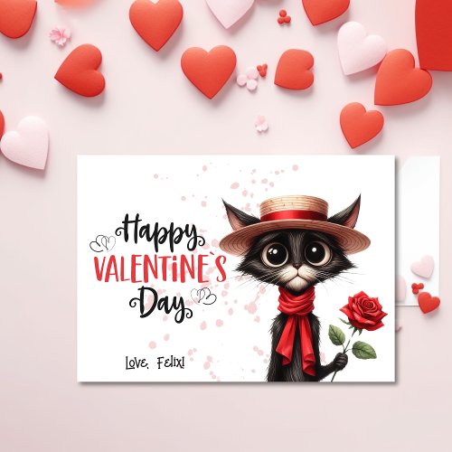 Black Cat With Hat And Rose Happy Valentines Day  Holiday Card