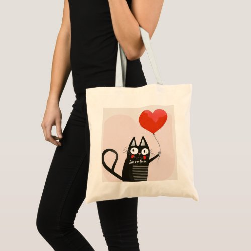 Black Cat with Heart Balloon Tote Bag for Cat Love