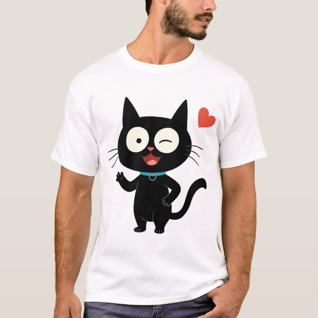 Black Cat with Heart Cartoon T-Shirt (Front)