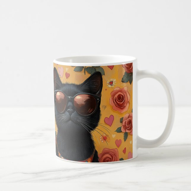 Black Cat With Heart Roses Valentine's Day  Coffee Mug (Right)
