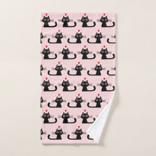 Black Cat with Hearts Cute Patterned Hand Towel