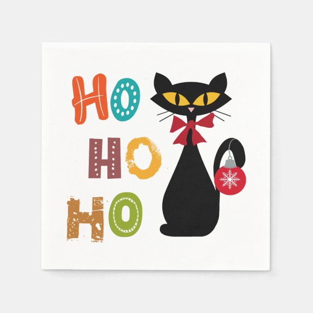 Black cat with Ho Ho Ho text design Napkins (Front)