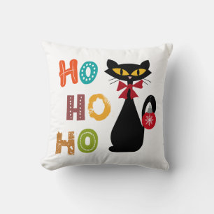 Black cat with Ho Ho Ho text design Throw Pillow