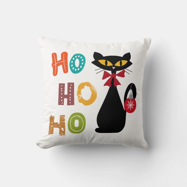 Black cat with Ho Ho Ho text design Throw Pillow (Front)