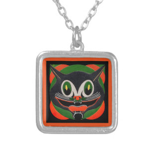 Black Cat with Huge Smile Silver Plated Necklace