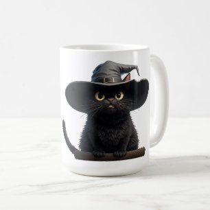 Black Cat With Intense Eyes And Witch Hat Magic 🐈 Coffee Mug