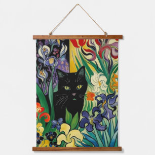 Black Cat With Irises Hanging Tapestry