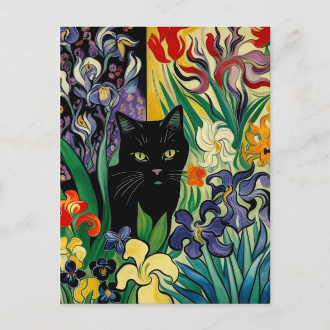 Black Cat With Irises Postcard (Front)