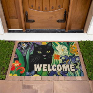 Black Cat With Irises Welcome Doormat