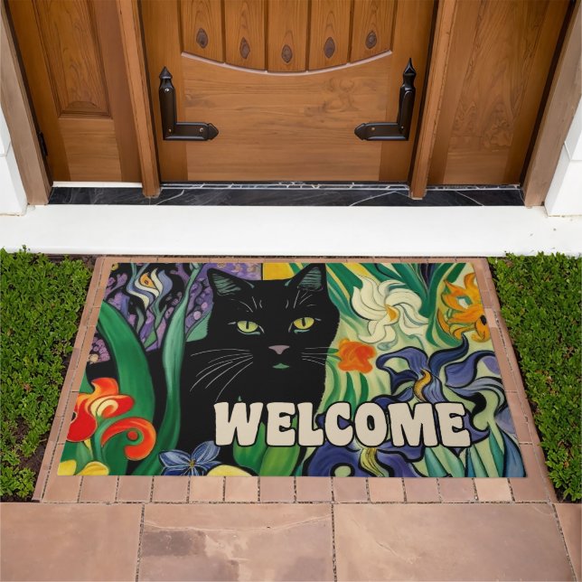 Black Cat With Irises Welcome Doormat (Outdoor)