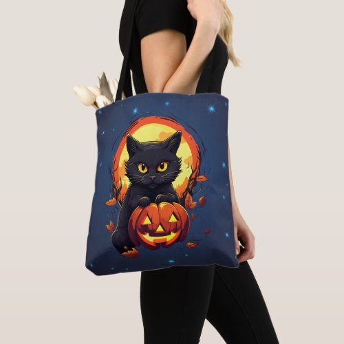 Black Cat with Jack_O Lantern Halloween Tote Bag