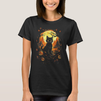 Black Cat With Jackolantern and Full Moon - Hallow T-Shirt