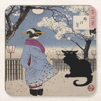 Black Cat With Japanese Lady Drink Coaster