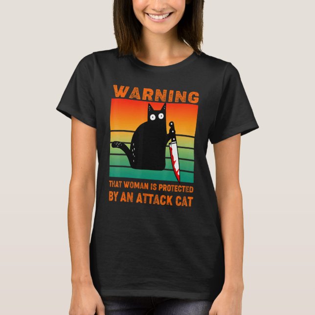 Black Cat With Knife Protected Its Women Halloween T-Shirt (Front)