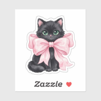 Black Cat With Large Pink Ribbon Bow Halloween Sticker