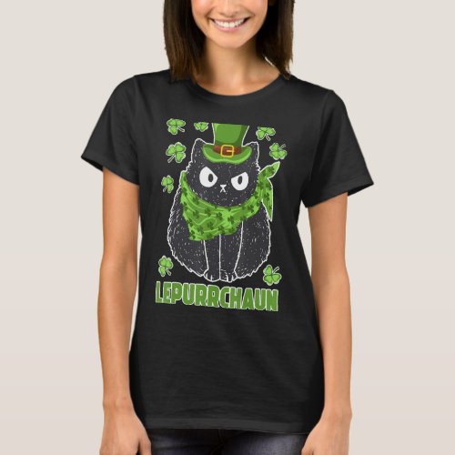 Black Cat With Leprechaun Hat Funny St Patricks D T_Shirt