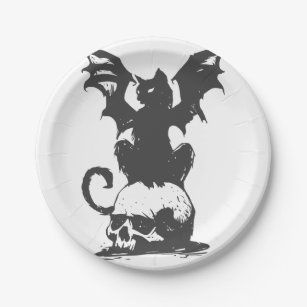 black cat with monster wings - Choose back color Paper Plates