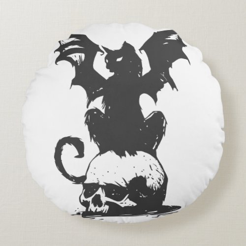 black cat with monster wings _ Choose back color Round Pillow