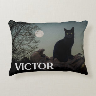 Black Cat With Moon on Tree Limb Custom Name Accent Pillow