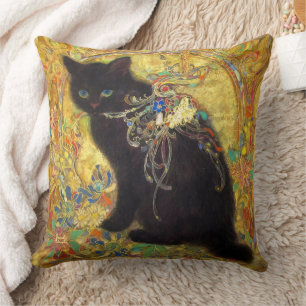 Black cat with mysterious eyes throw pillow