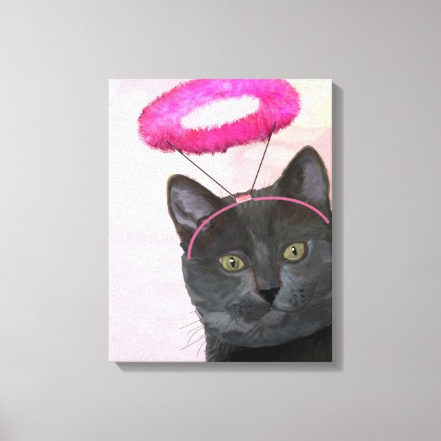 Black Cat With Pink Angel Halo Canvas Print (Front)