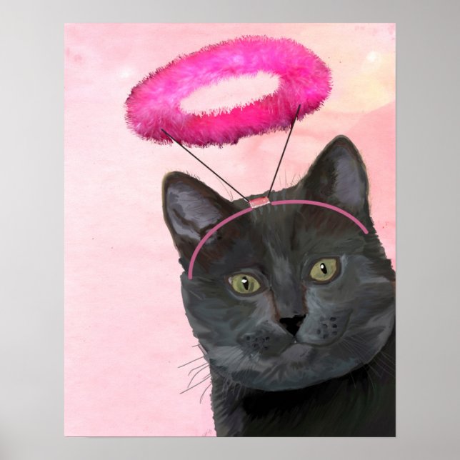 Black Cat With Pink Angel Halo Poster (Front)