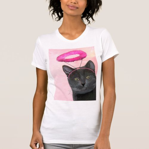 Black Cat With Pink Angel Halo T_Shirt