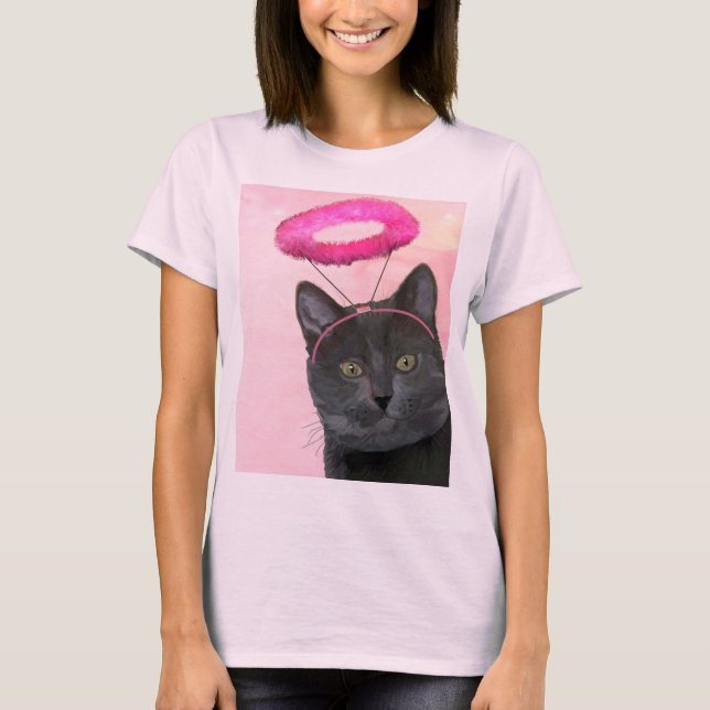 Black Cat With Pink Angel Halo T-Shirt (Front)