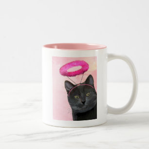 Black Cat With Pink Angel Halo Two-Tone Coffee Mug