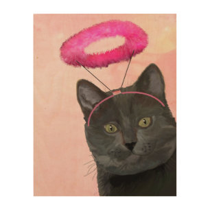 Black Cat With Pink Angel Halo Wood Wall Decor