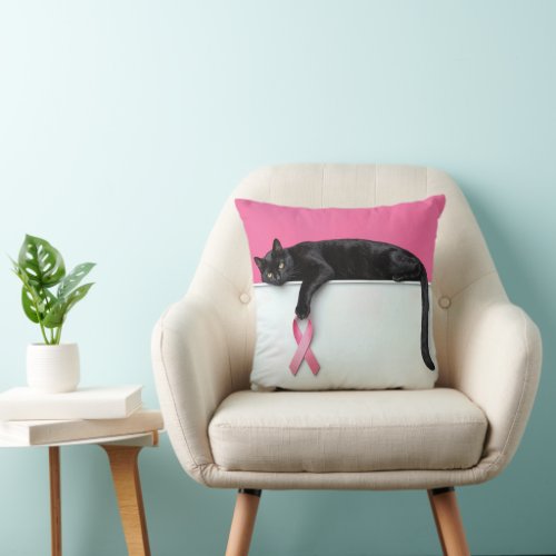 Black Cat with Pink Breast Cancer Awareness Ribbon Throw Pillow
