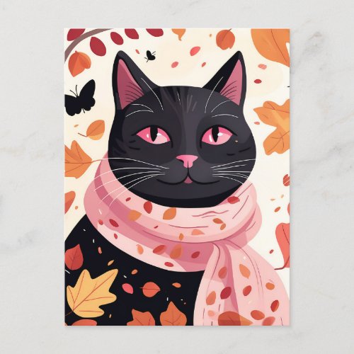 Black cat with pink eyes wearing a scarf postcard