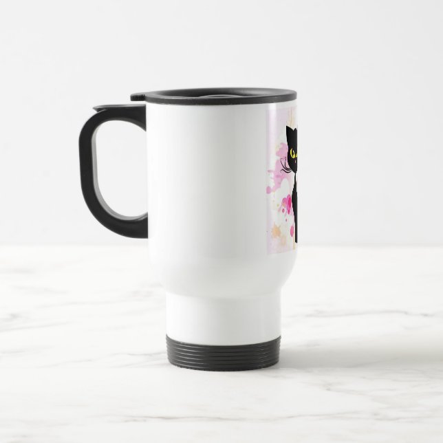 Black Cat With Pink Hearts Travel Mug (Left)