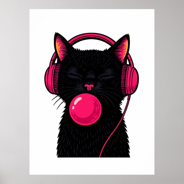 Black Cat with Pink Phone Head – Funny Minimalist  Poster (Front)