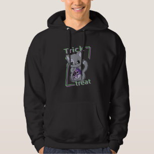 Black Cat With Pizza Monster For Halloween Hoodie