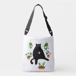 Black Cat With Plants, Funny Black Cat Gift Crossbody Bag