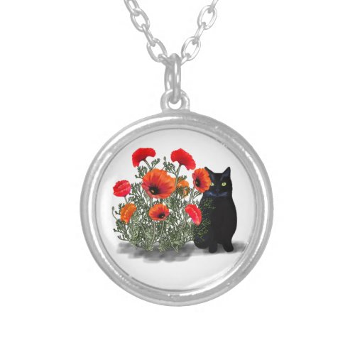 Black Cat with Poppies Necklace