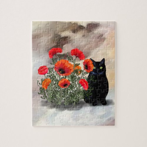 Black Cat with Poppies Puzzle