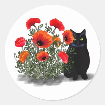 Black Cat With Poppies Stickers by AutumnRoseMDS at Zazzle