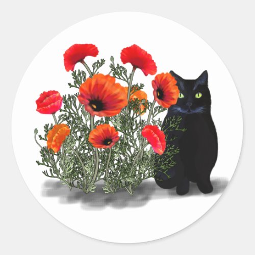 Black Cat with Poppies Stickers