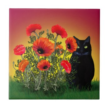 Black Cat With Poppies Tile by AutumnRoseMDS at Zazzle