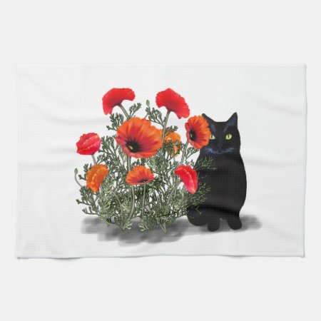Black Cat With Poppies Towel