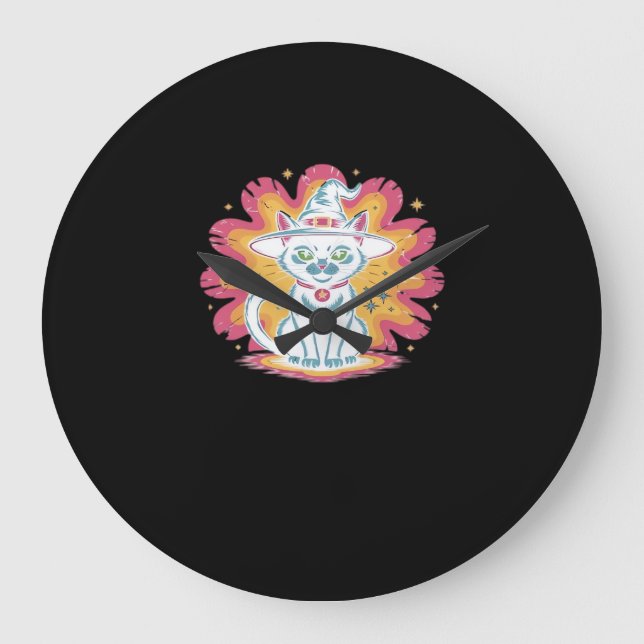 Black Cat with Psychedelic Flower Oversized T-Shir Large Clock (Front)