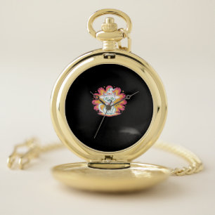 Black Cat with Psychedelic Flower Oversized T-Shir Pocket Watch