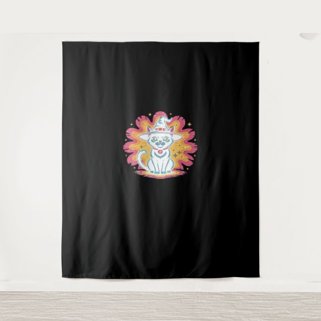 Black Cat with Psychedelic Flower Oversized T-Shir Tapestry (Front)