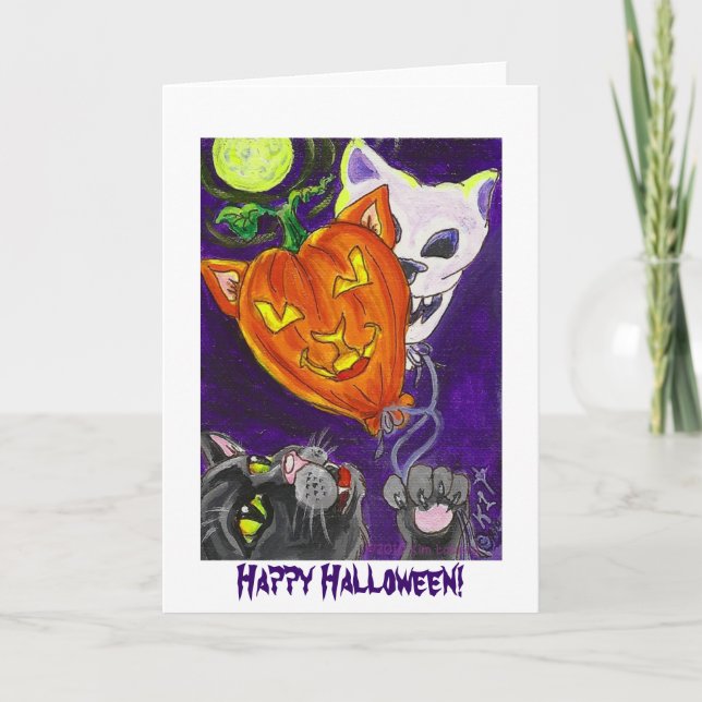 Black Cat with Pumpkin Cat and Skull Balloons Card (Front)