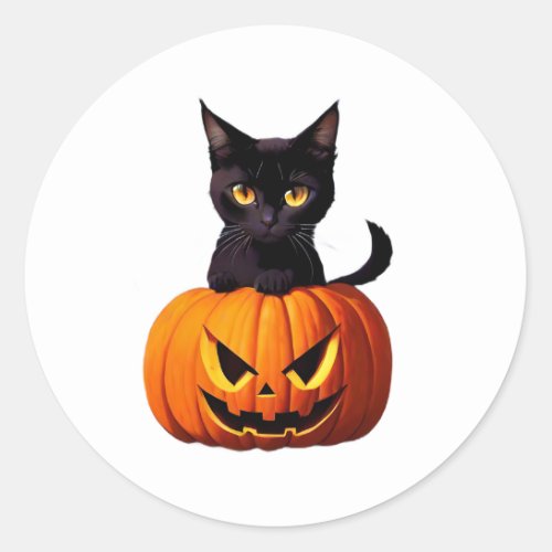 Black Cat with Pumpkin Cute Kawaii Animals Pets Classic Round Sticker