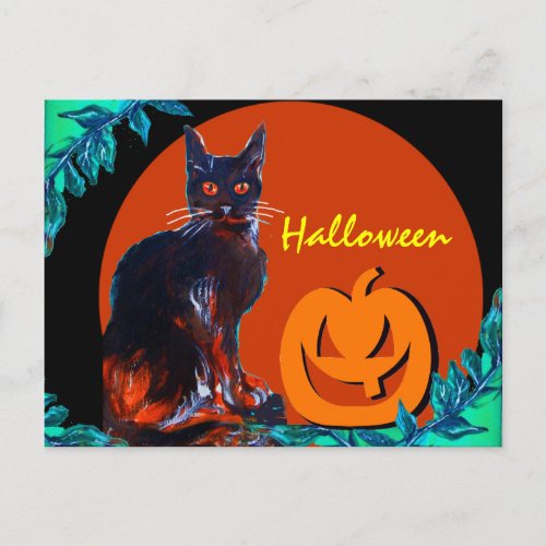BLACK CAT WITH PUMPKIN HALLOWEEN PARTY HOLIDAY POSTCARD