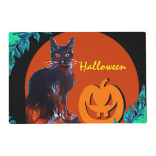 BLACK CAT WITH PUMPKIN IN HALLOWEEN NIGHT  PLACEMAT