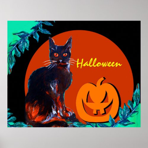 BLACK CAT WITH PUMPKIN IN HALLOWEEN NIGHT POSTER